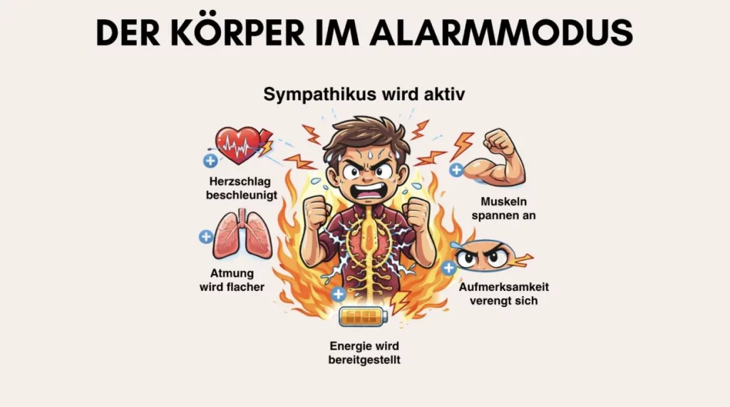 Stressreaktion im Körper mit Herzschlag, Atmung und Muskelanspannung